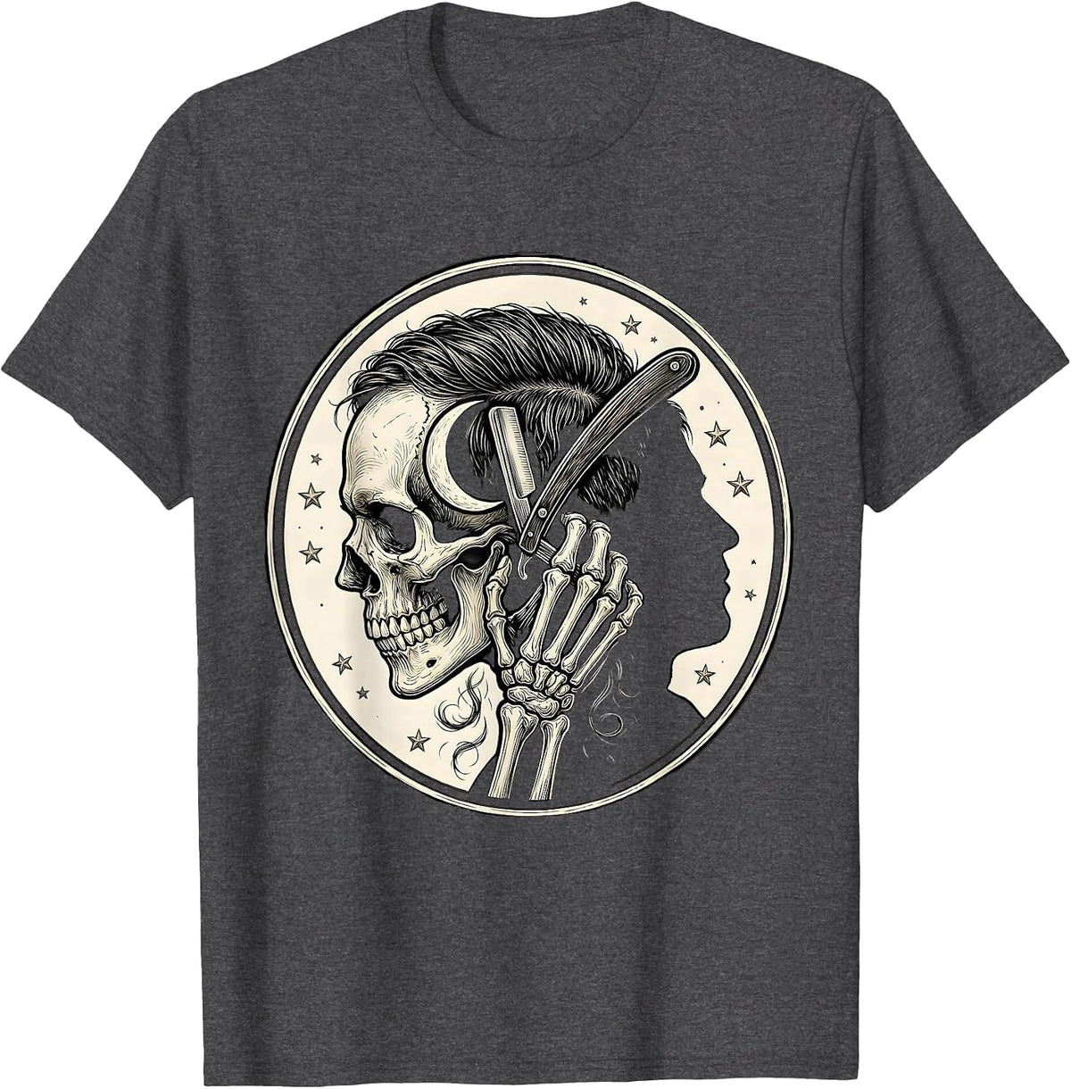Skeleton Barber Halloween Hairstylist Humor T-Shirt - Dark Heather Grey