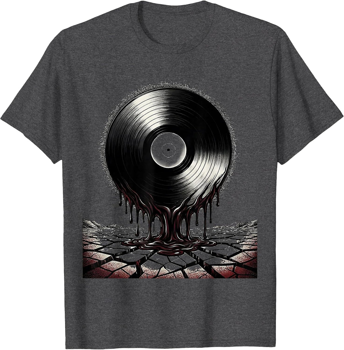 Melting Vinyl Record Cracked Earth Classic Rock Art T-Shirt - Dark Heather Grey