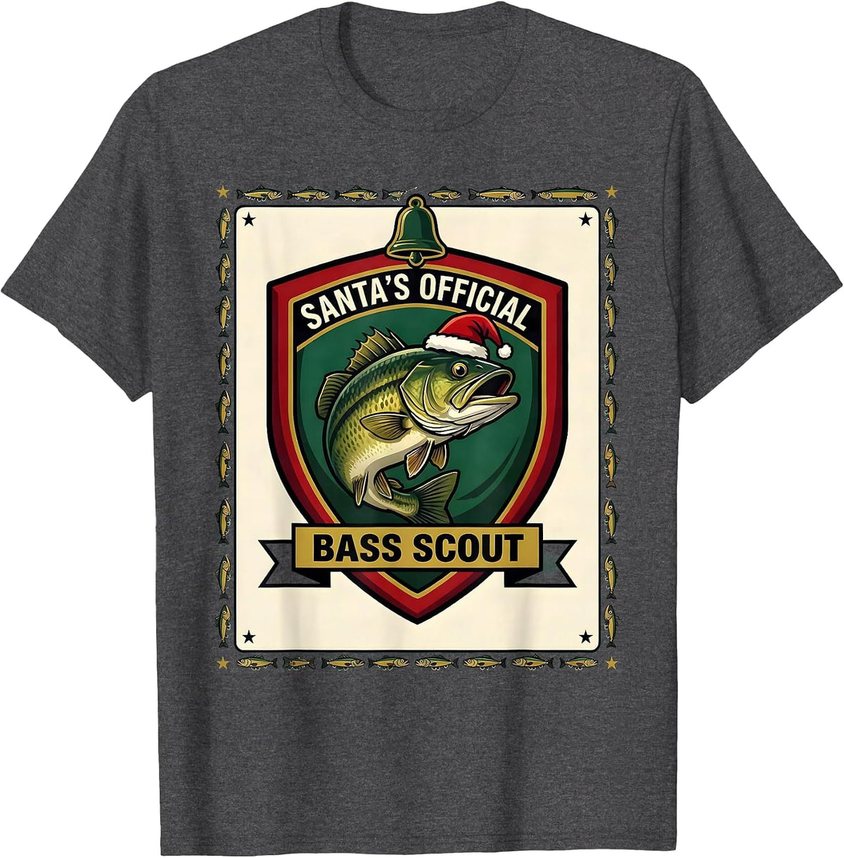 Santa's Official Bass Scout Funny Fishing Christmas Ugly T-Shirt - Dark Heather Grey
