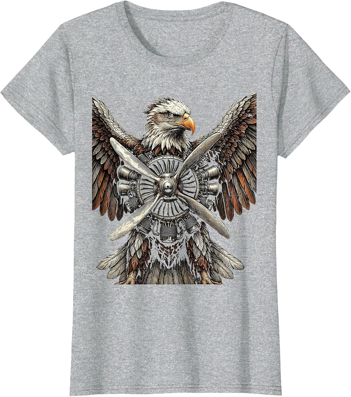 Mechanical Eagle Airplane Engine Illustration T-Shirt - Heather Grey
