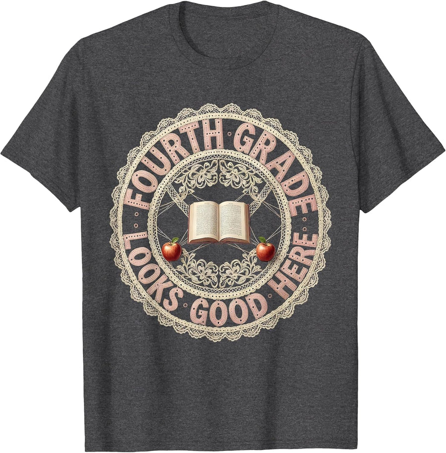 Men's Fourth Grade Looks Good Teacher Design T-Shirt - Dark Heather Grey