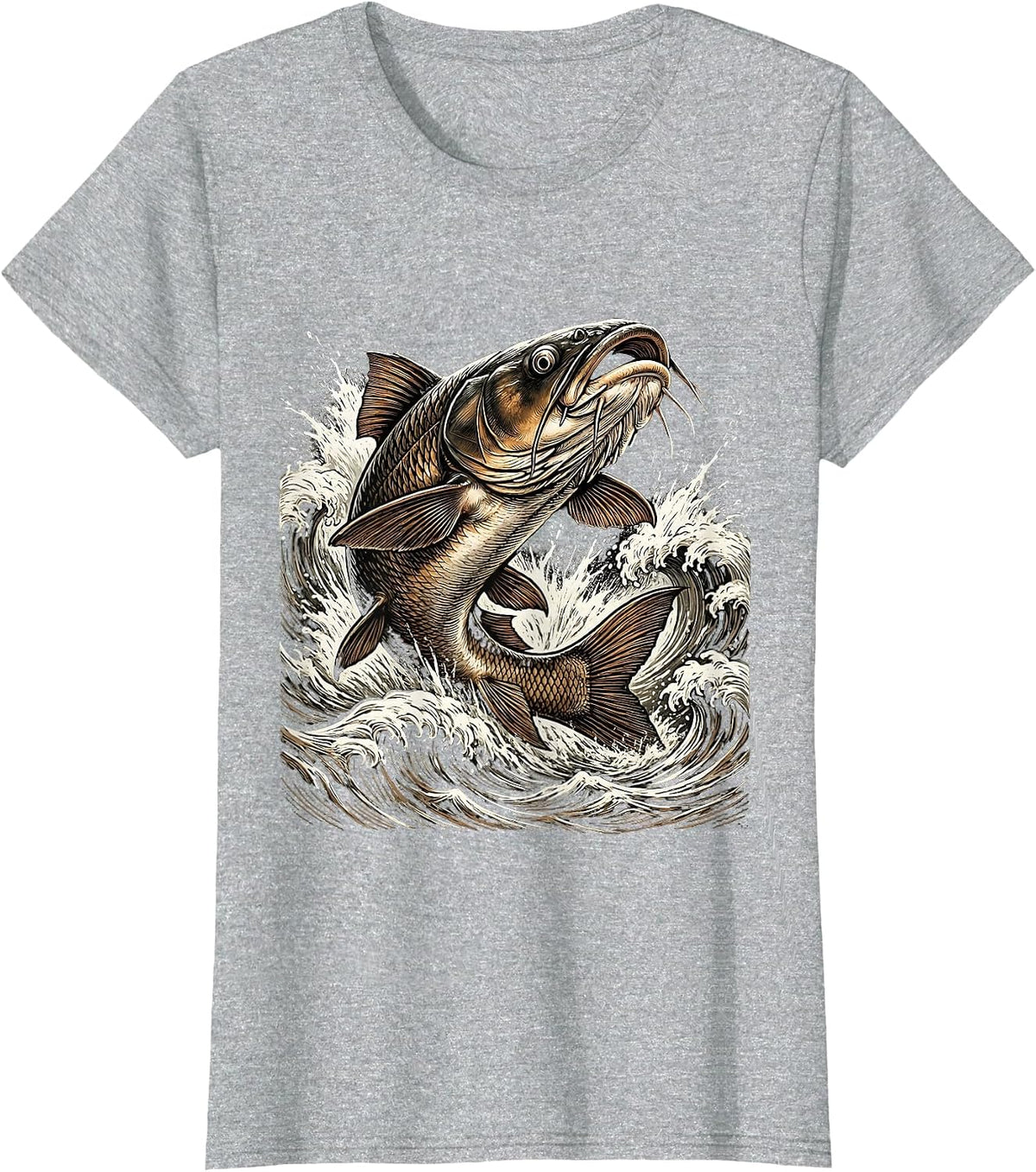 Tennessee River Catfish Leaping Rapids Illustration T-Shirt - Heather Grey