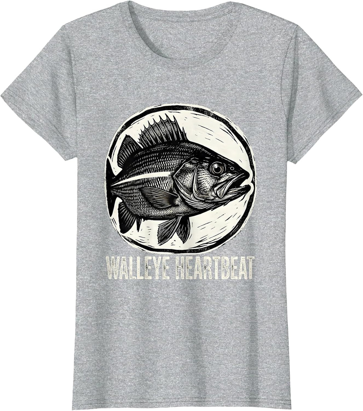Walleye Heartbeat Woodcut Engraving Freshwater Fish Angler T-Shirt - Heather Grey