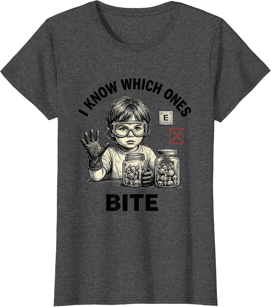 Women's I Know Which Ones Bite Funny Periodic Table Chemistry T-Shirt - Dark Heather Grey