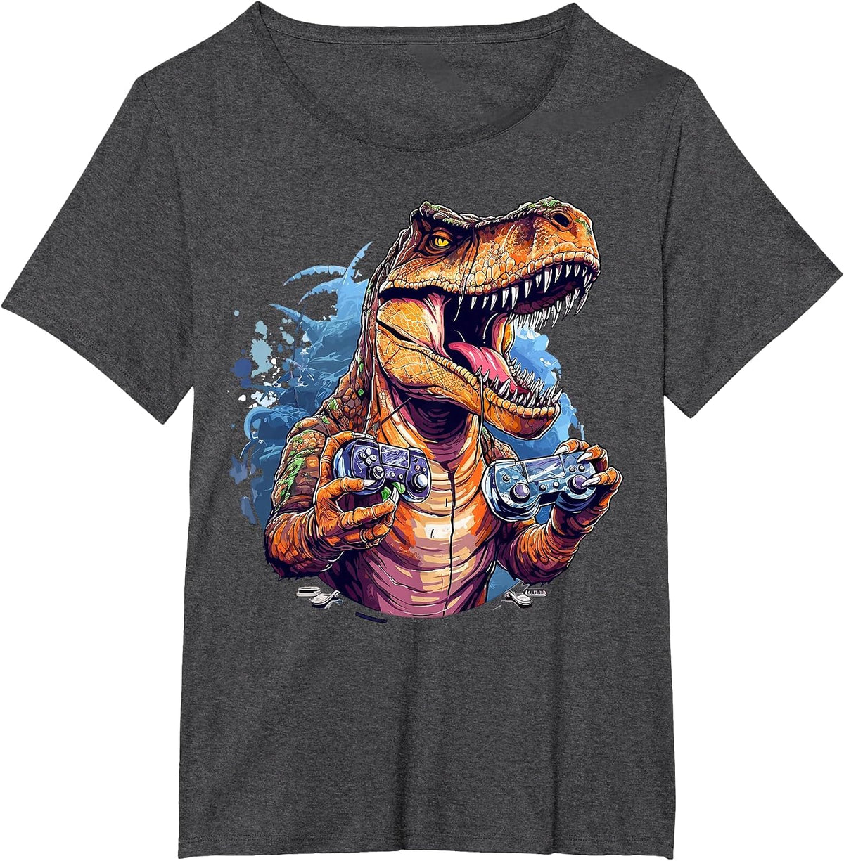 Gamer Dinosaur T Rex Aesthetic Dinosaur Playing Video Game T-Shirt - Dark Heather Grey