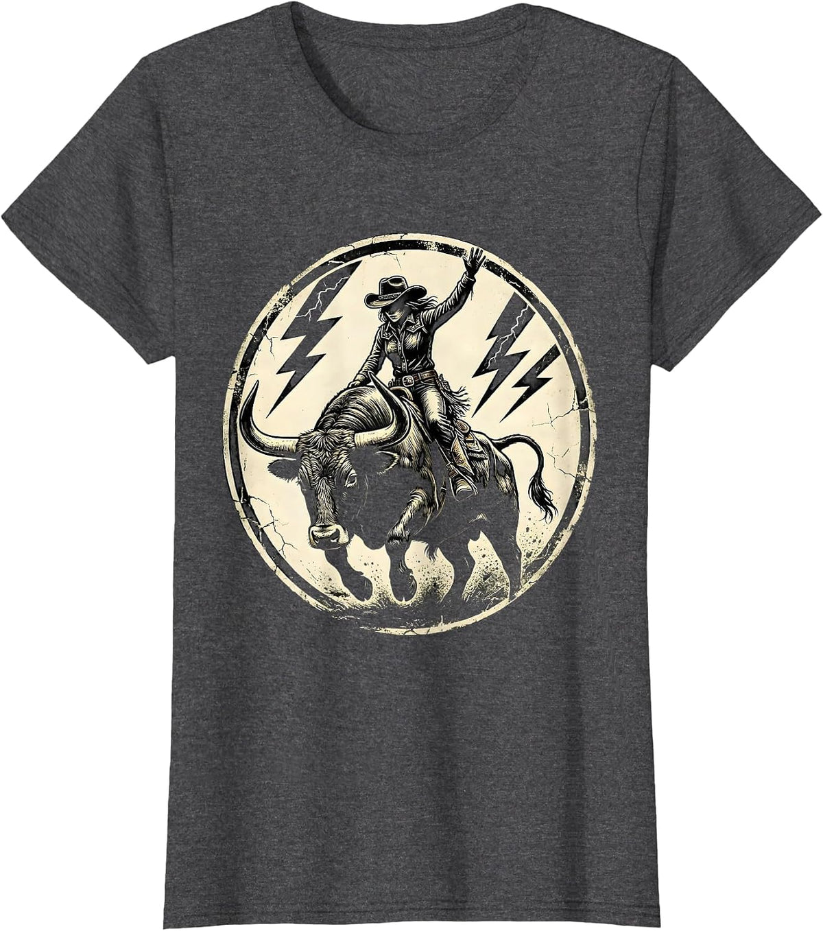 Women's Cowgirl Riding Bull Through Lightning Storm T-Shirt - Dark Heather Grey