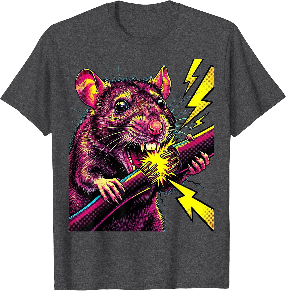 Rat Gnawing Power Cable Sparking Graphic T-Shirt - Dark Heather Grey