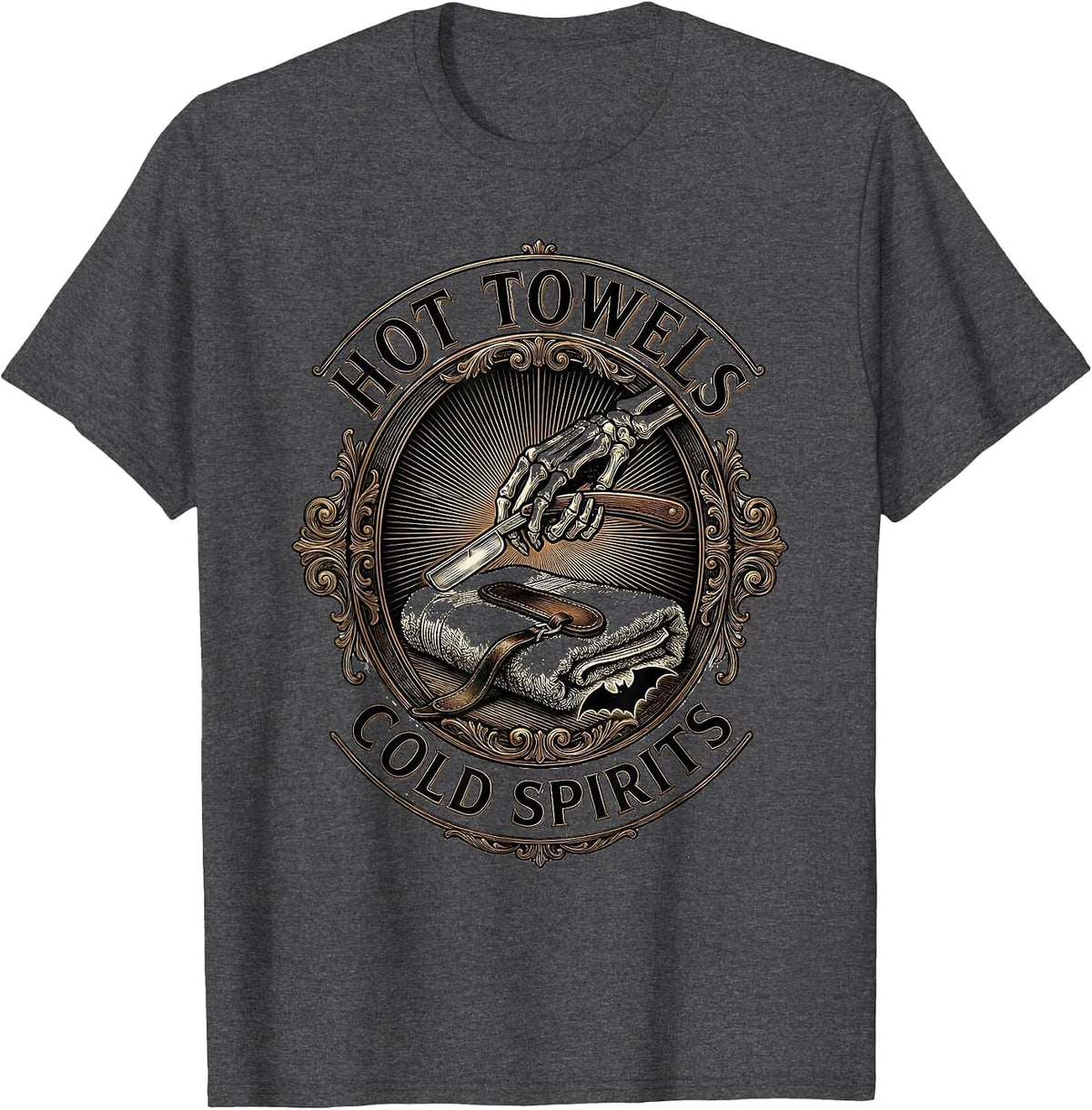 Hot Towels Cold Spirits Funny Skeleton Hairdresser Halloween T-Shirt - Dark Heather Grey