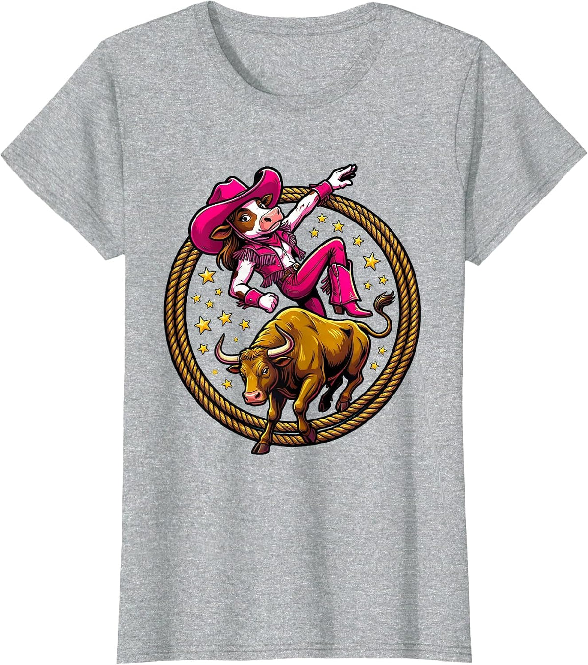 Pink Cowgirl Bull Riding Rodeo Graphic T-Shirt - Heather Grey