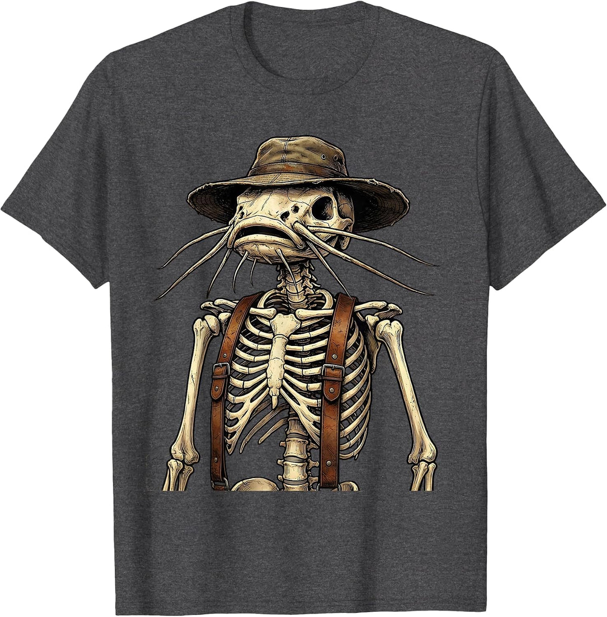 Catfish Skeleton Fisherman Suspenders Graphic T-Shirt - Dark Heather Grey