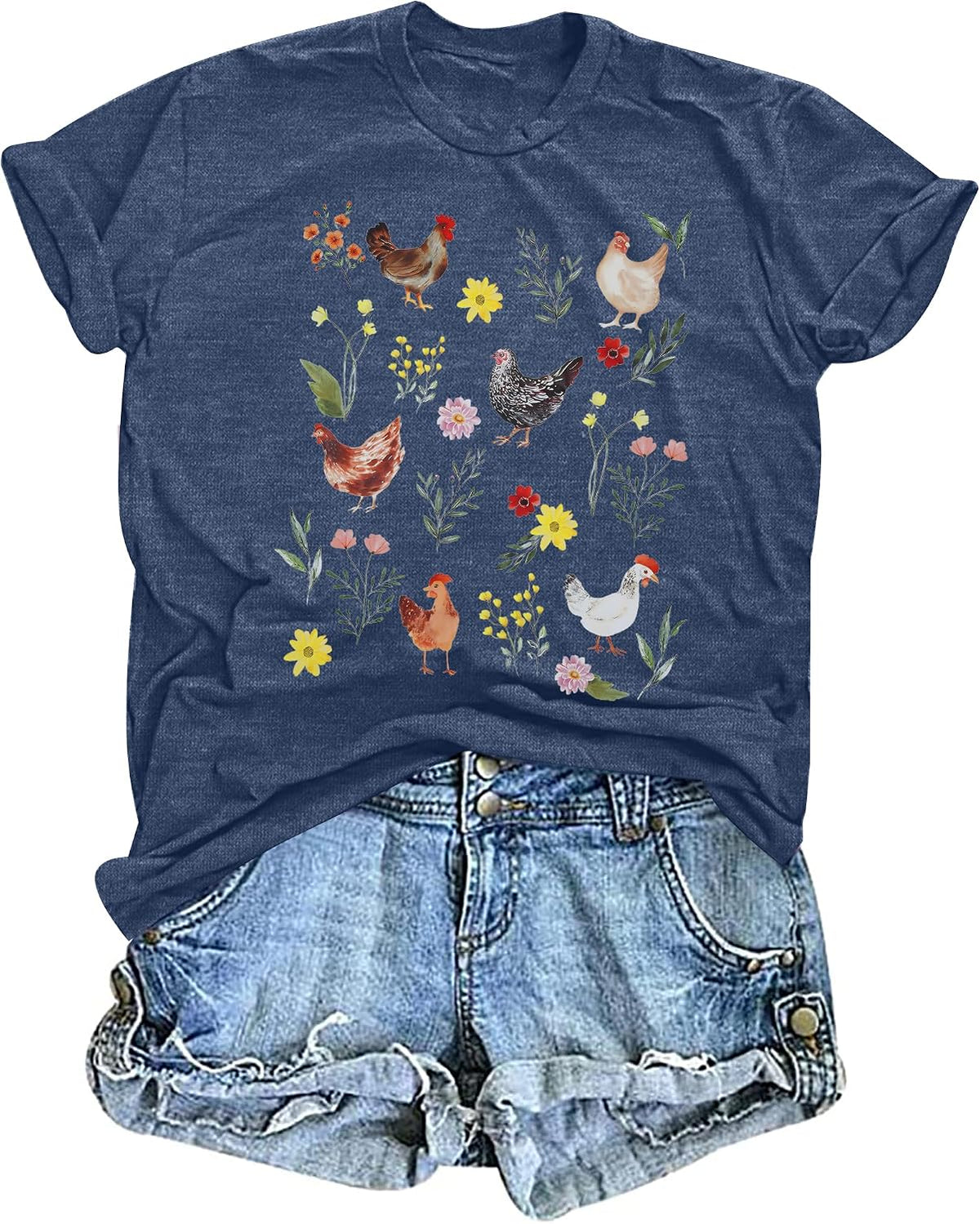Chicken Shirt Women Wildflower Chicken Shirt Cute Chicken Mom T-Shirt Farm Country Casual Tee Tops - Blue