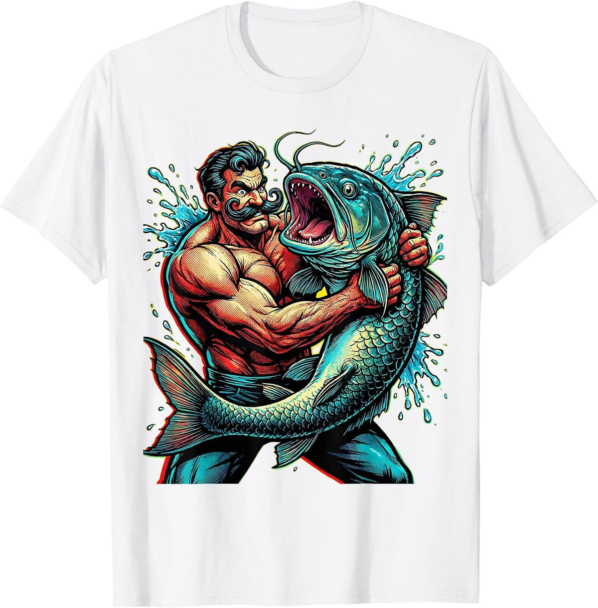 Men's Catfish Wrestling Mustached Fighter Novelty Graphic T-Shirt - White