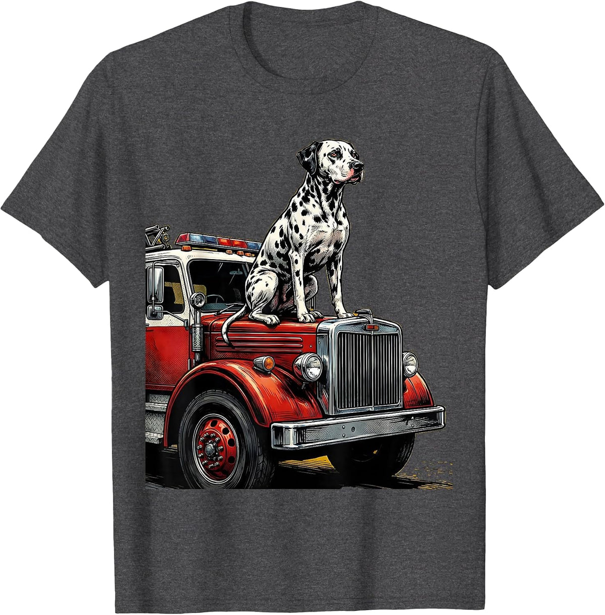 Firefighter Dalmatian Dog on Fire Truck Graphic T-Shirt - Dark Heather Grey