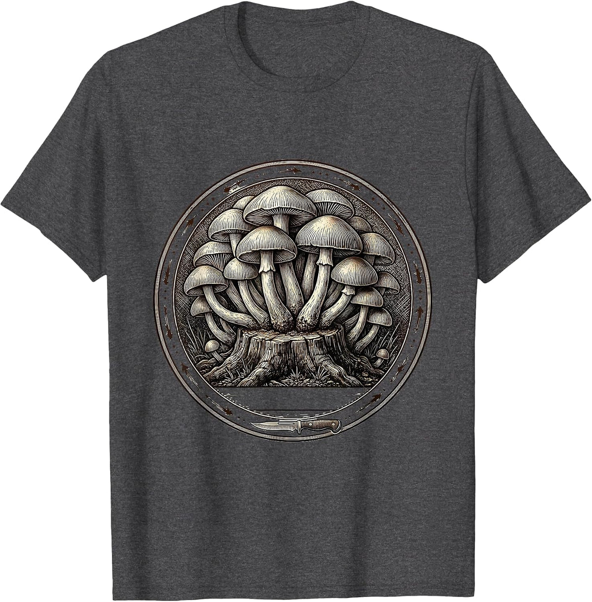 Honey Mushroom Colony Crosshatch Etching Forager Humor T-Shirt - Dark Heather Grey