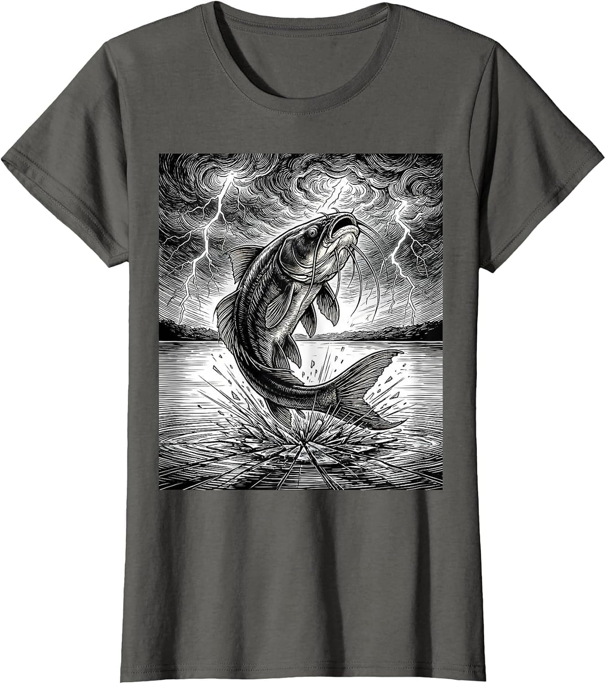 Women's Catfish Leaping From Lake Into Storm Graphic T-Shirt - Asphalt Grey