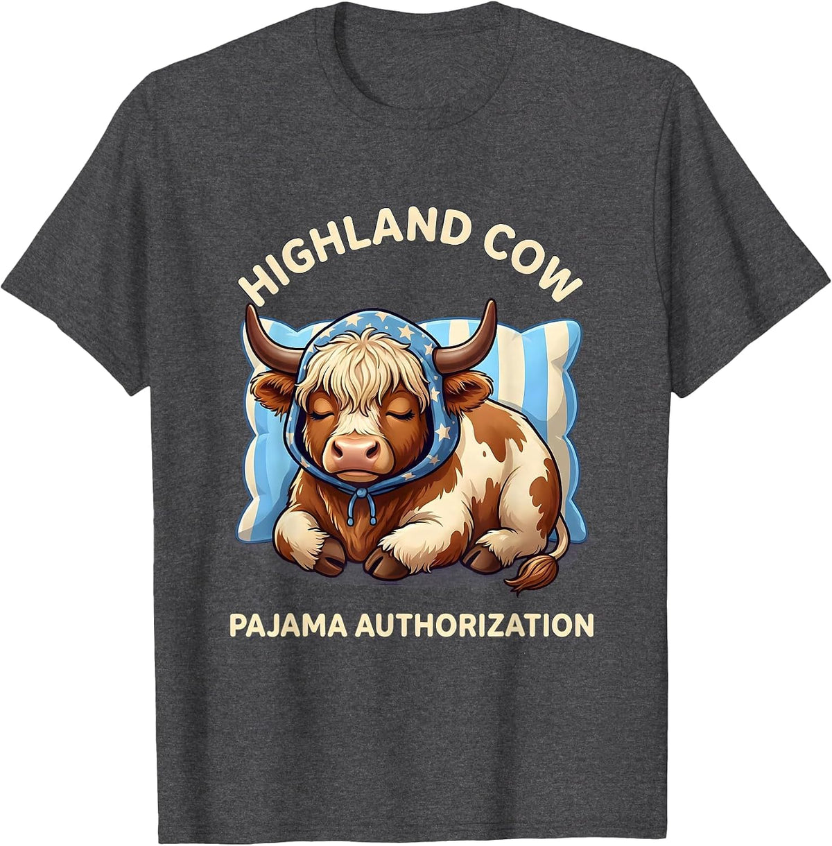 Highland Cow Pajama Authorization Cute Kawaii Bedtime Humor T-Shirt - Dark Heather Grey