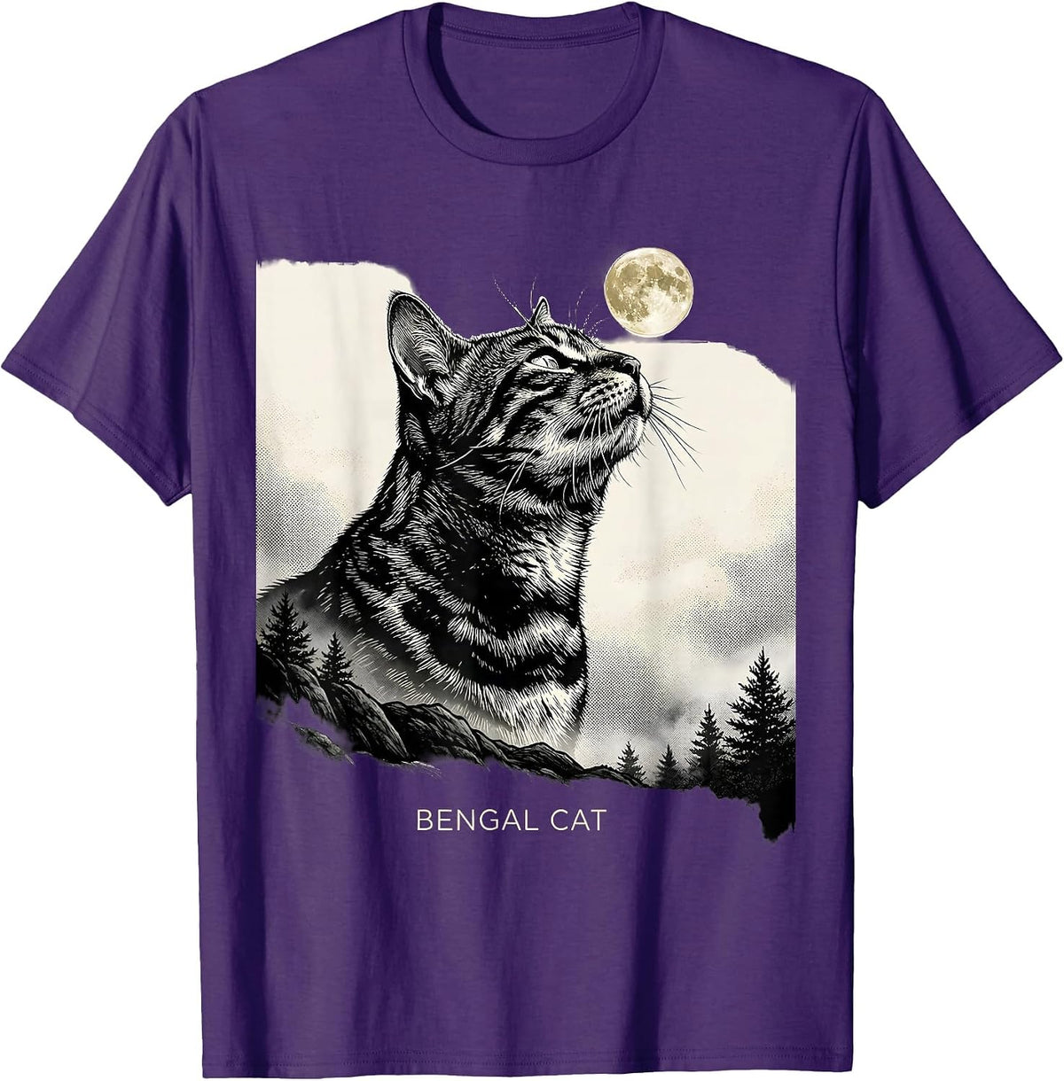 Men's Bengal Cat Howling at Moon Retro Fantasy Novelty T-Shirt - Purple