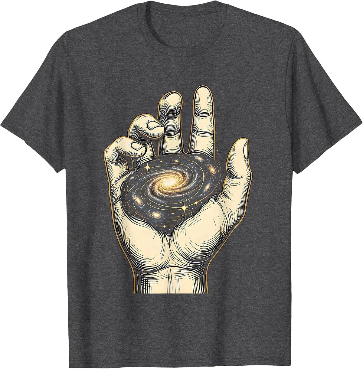 Men's Cosmos in Hand Universe Swirling Galaxy Design T-Shirt - Dark Heather Grey