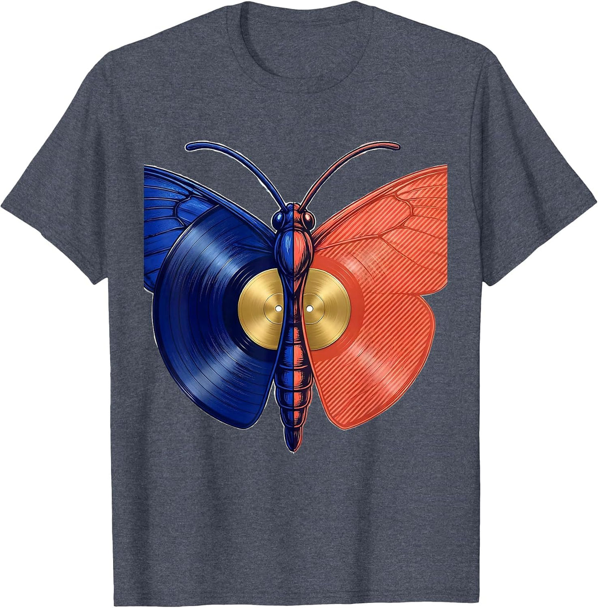 Moth Vinyl Record Wings Rock Music Graphic Tee T-Shirt - Heather Blue