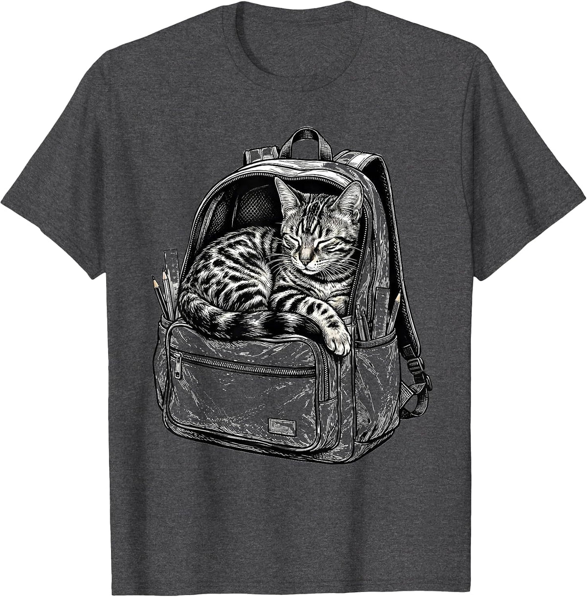 Bengal Cat Napping in Backpack Back to School T-Shirt - Dark Heather Grey