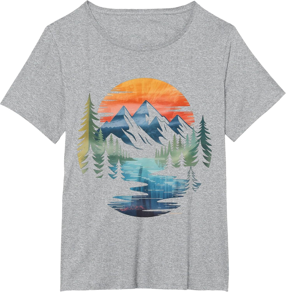 Vintage Mountain Sunset Forest Landscape Graphic River Art T-Shirt - Heather Grey