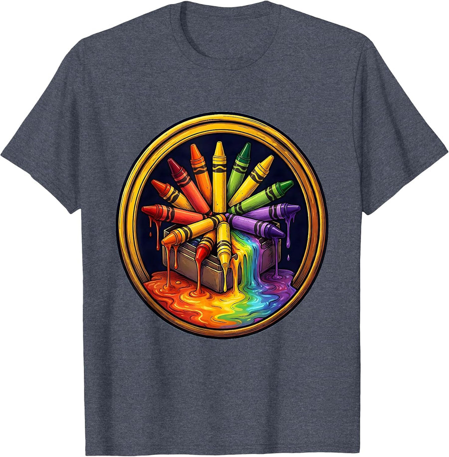 4th Grade Teacher Crayon Box Melting Rainbow Design T-Shirt - Heather Blue