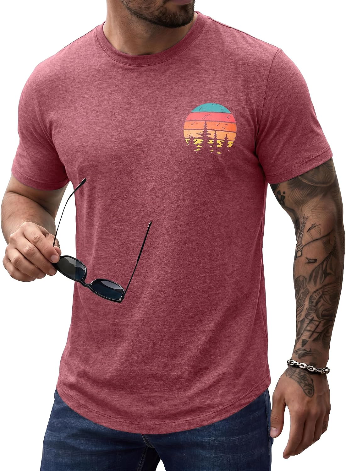 Comdecevis Men's Graphic T-Shirts Curved Hem Casual Vintage Summer Tees - Rose Red