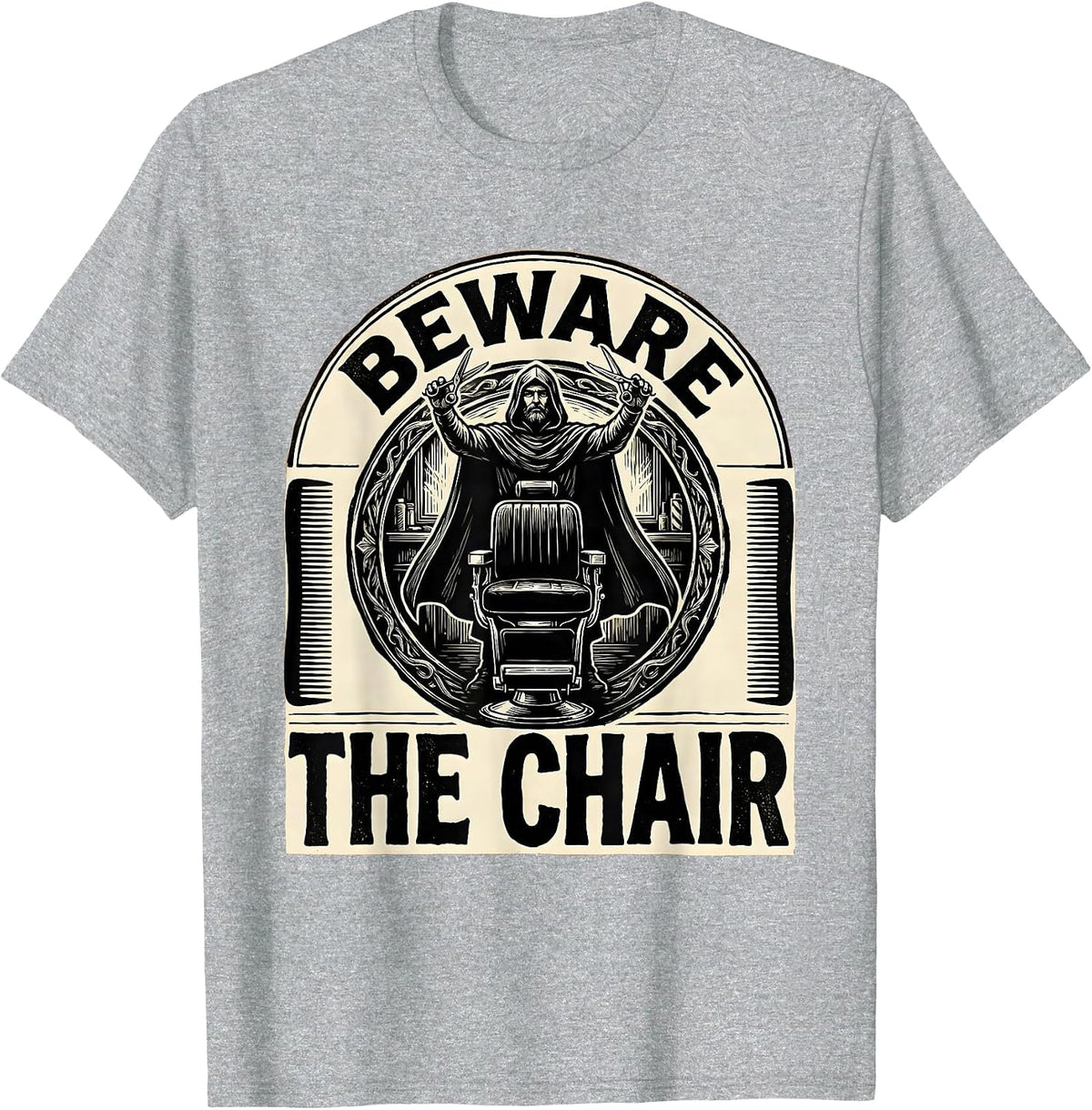Men's Beware The Chair Linocut Barber Humor Hairdresser Gift T-Shirt - Heather Grey