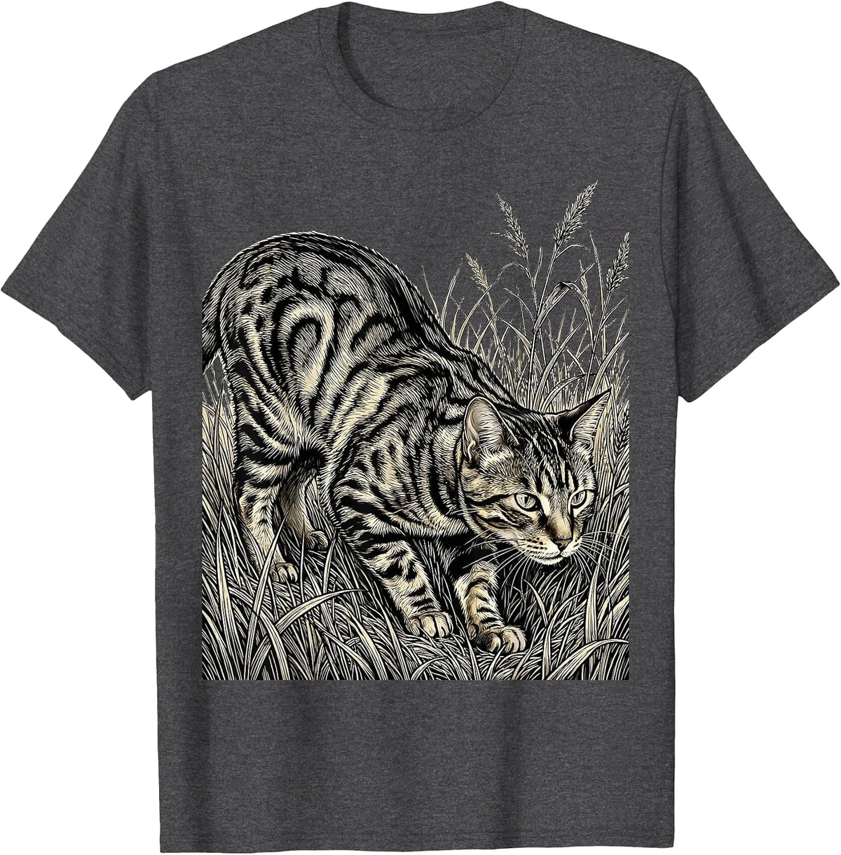 Men's Bengal Cat Stalking Through Tall Grass Illustration T-Shirt - Dark Heather Grey