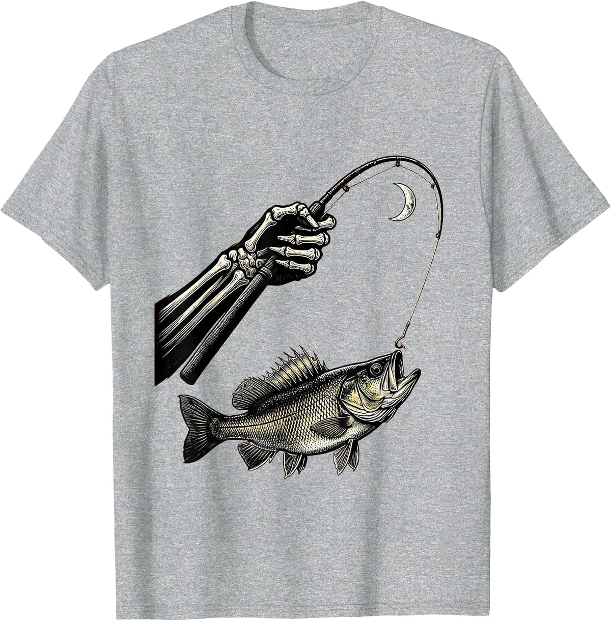 Men's Skeletal Forearm Fishing Halloween Spooky Angler Humor T-Shirt - Heather Grey