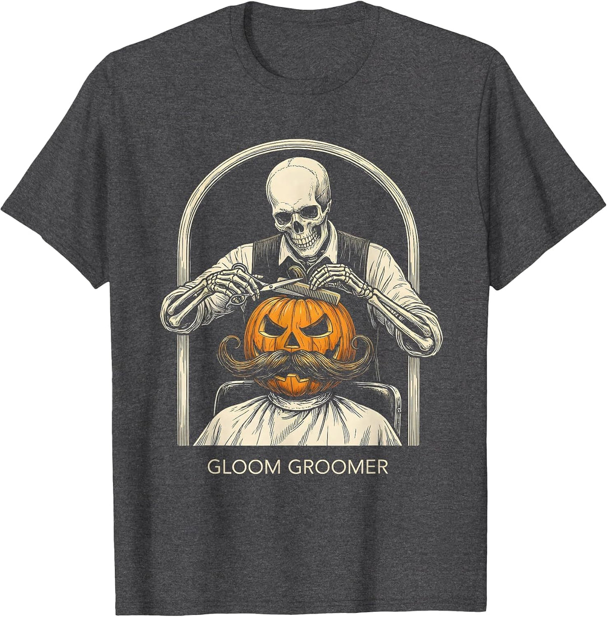 Men's Gloom Groomer Skeleton Barber Halloween Hairstylist Humor T-Shirt - Dark Heather Grey