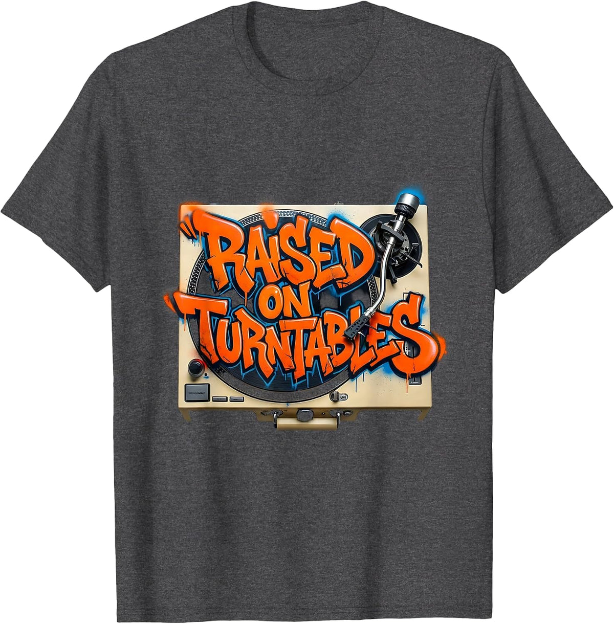 Raised On Turntables Graffiti 90s Hip-Hop Rap Lyric T-Shirt - Dark Heather Grey