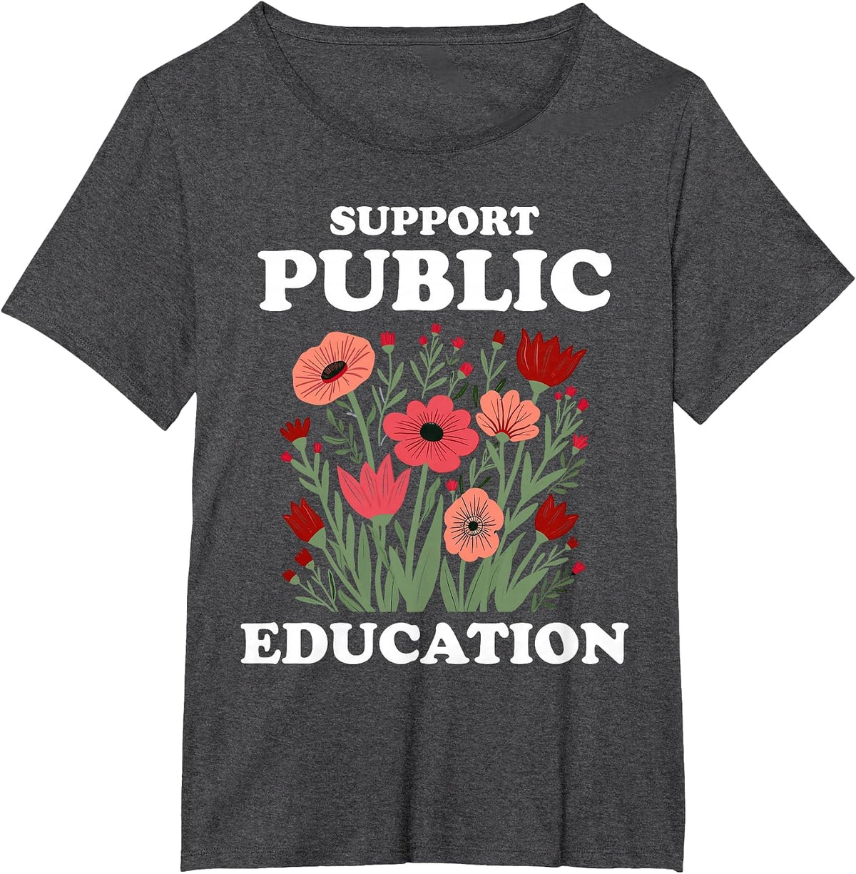 Support Public Education Cute Floral Teacher Red for Ed T-Shirt - Dark Heather Grey