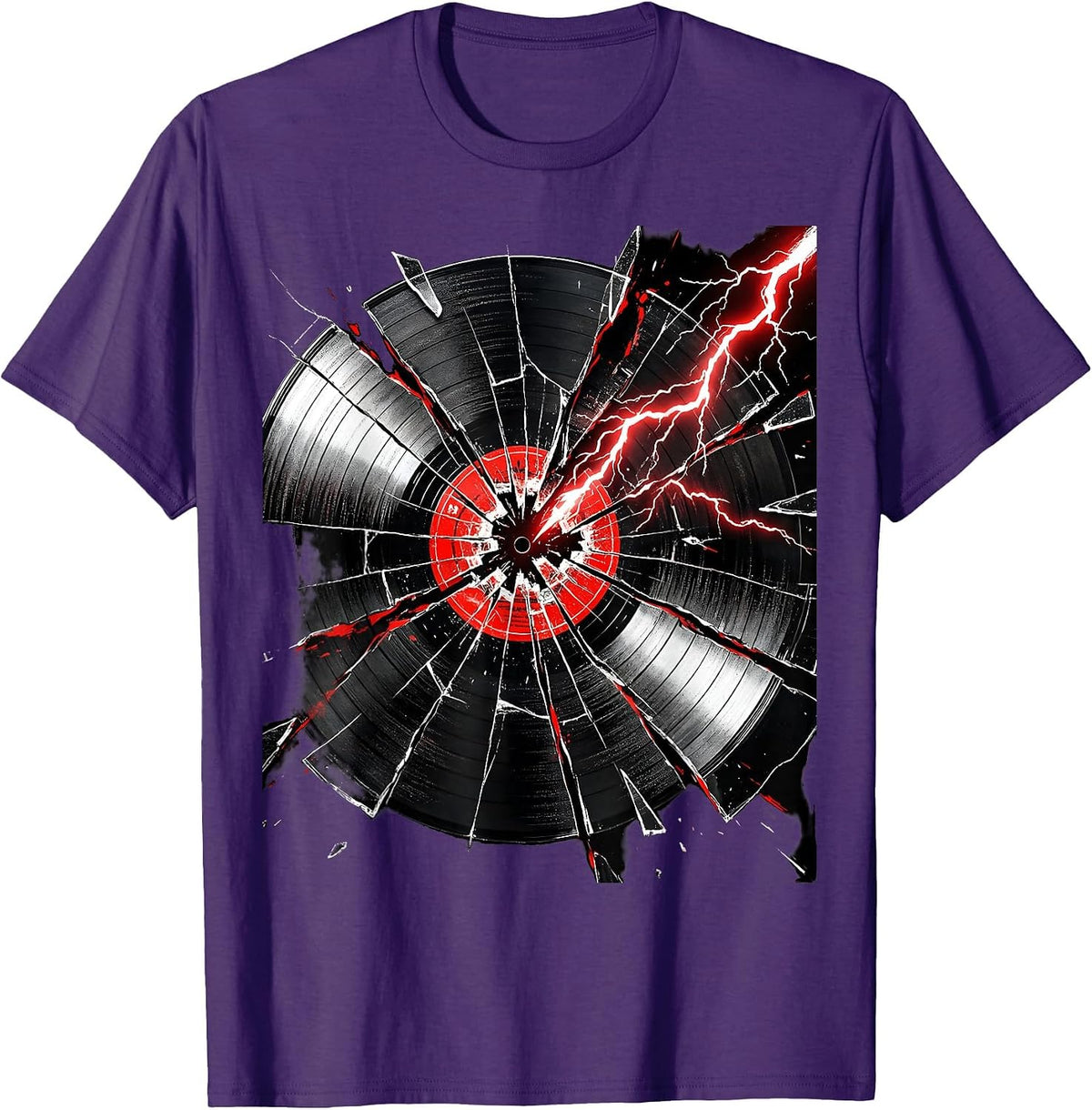 Cracked Vinyl Record Lightning Rock Graphic Tee T-Shirt - Purple