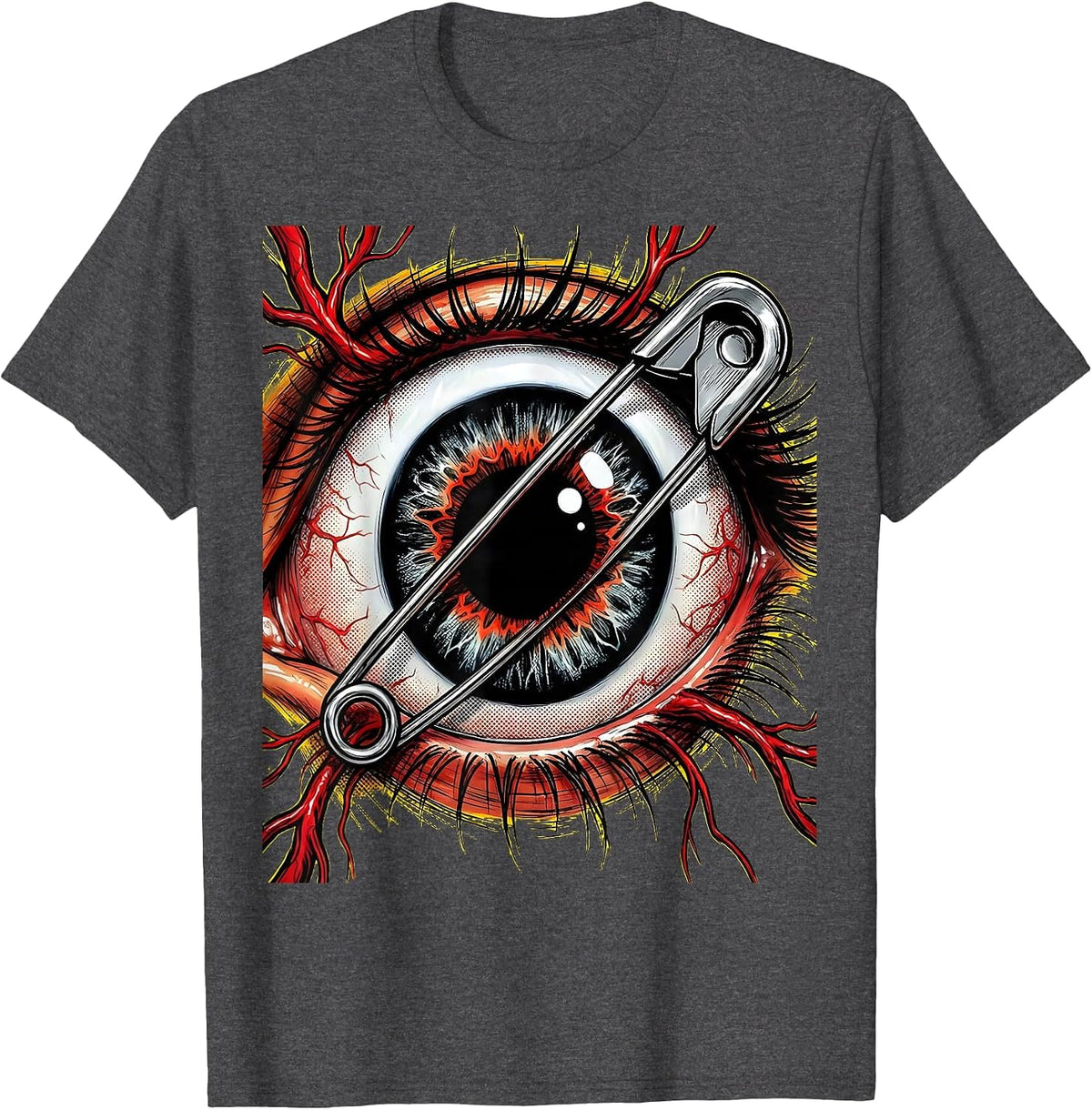 Men's Punk Eyeball Safety Pin Graphic Design T-Shirt - Dark Heather Grey