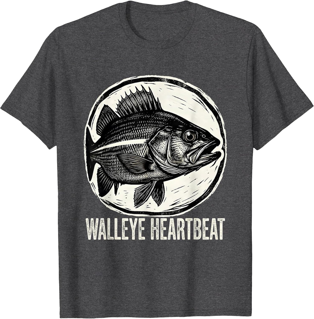 Walleye Heartbeat Woodcut Engraving Freshwater Fish Angler T-Shirt - Dark Heather Grey