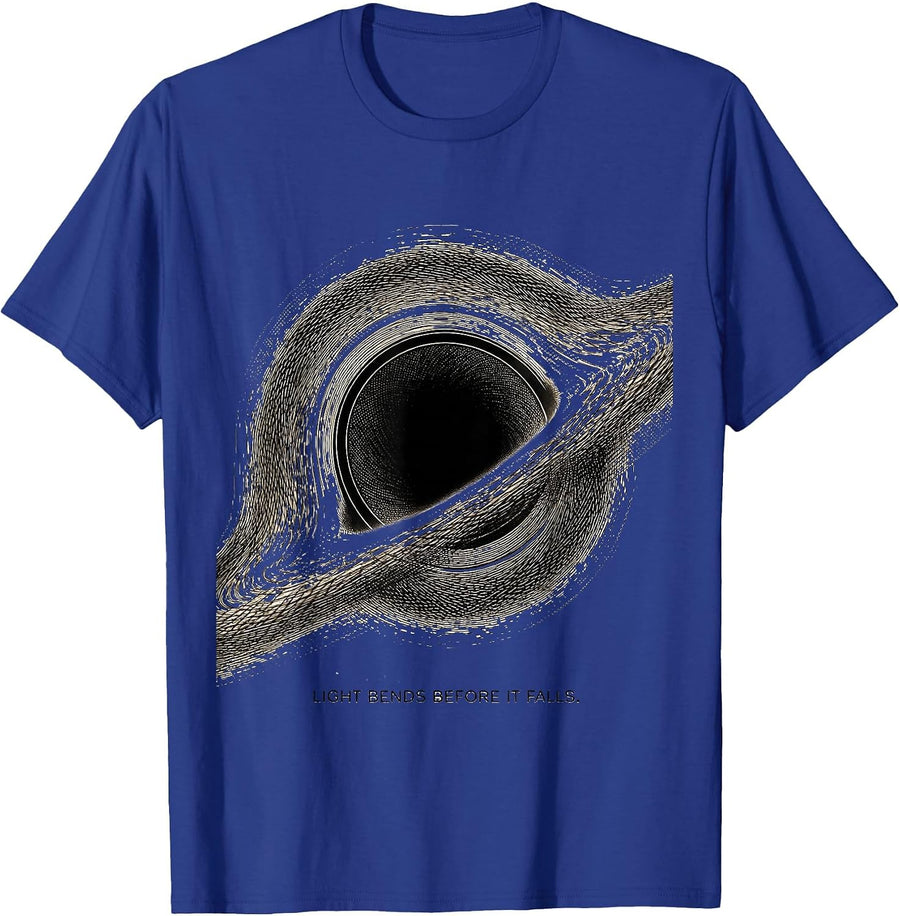 Light Bends Before It Falls Crosshatch Etching Astrophysics T-Shirt - Royal Blue
