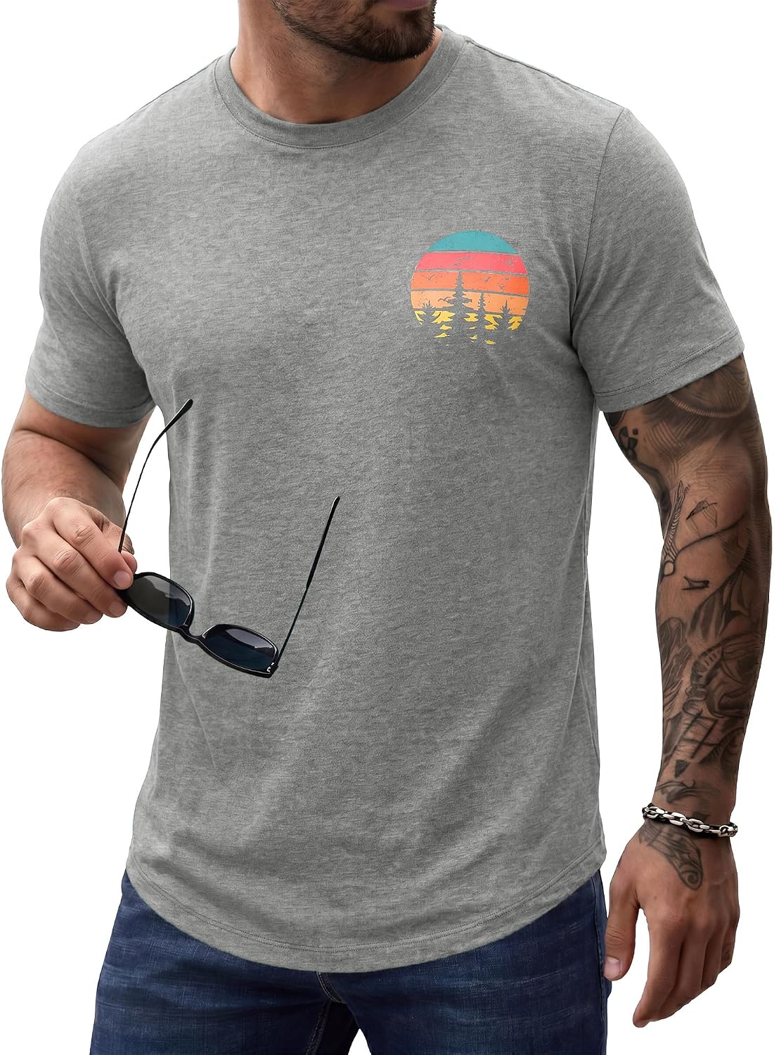 Comdecevis Men's Graphic T-Shirts Curved Hem Casual Vintage Summer Tees - Medium Gray
