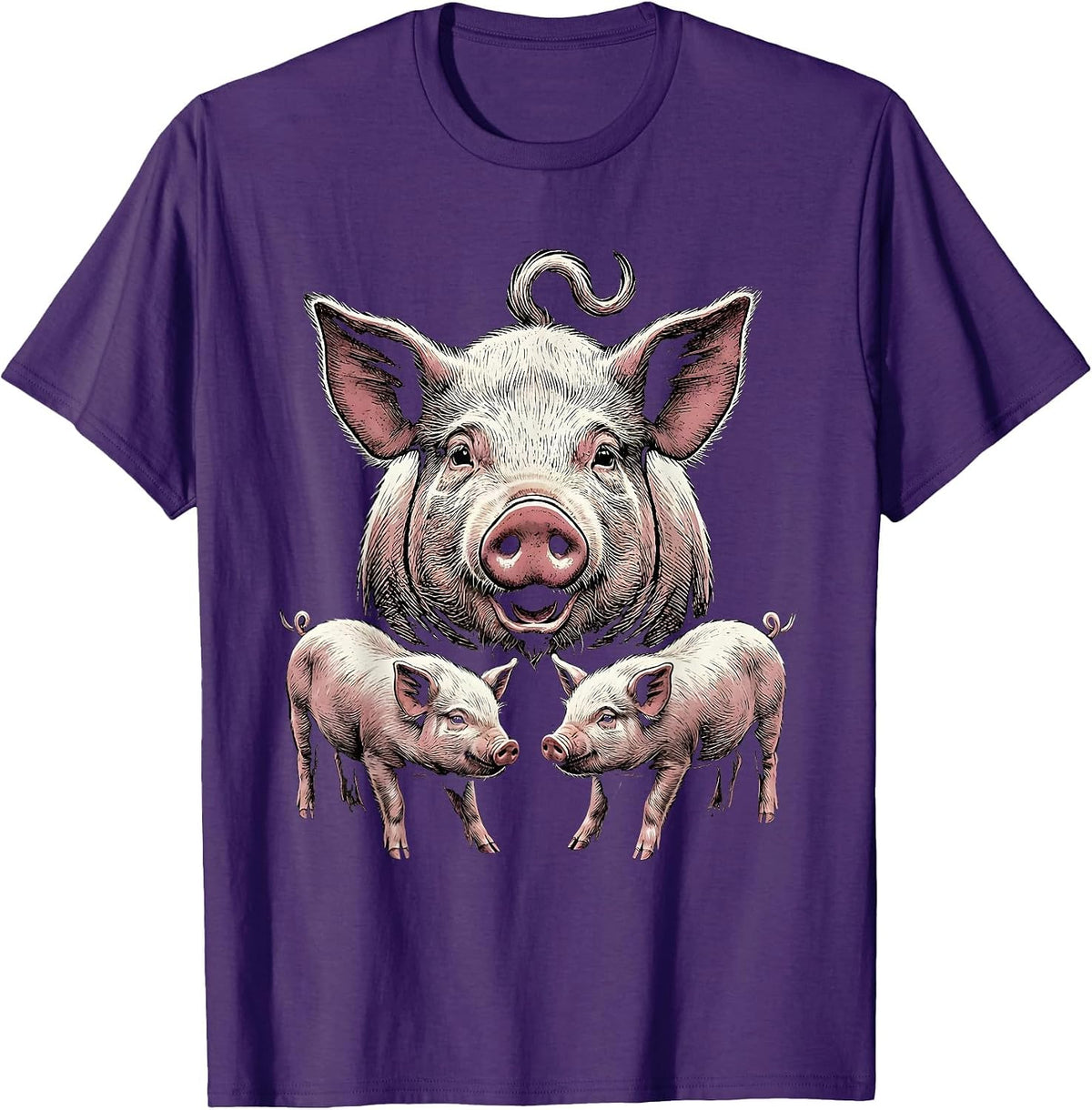 Men's Proud Pig Family Woodcut Engraving Farm Animal Lover Humor T-Shirt - Purple