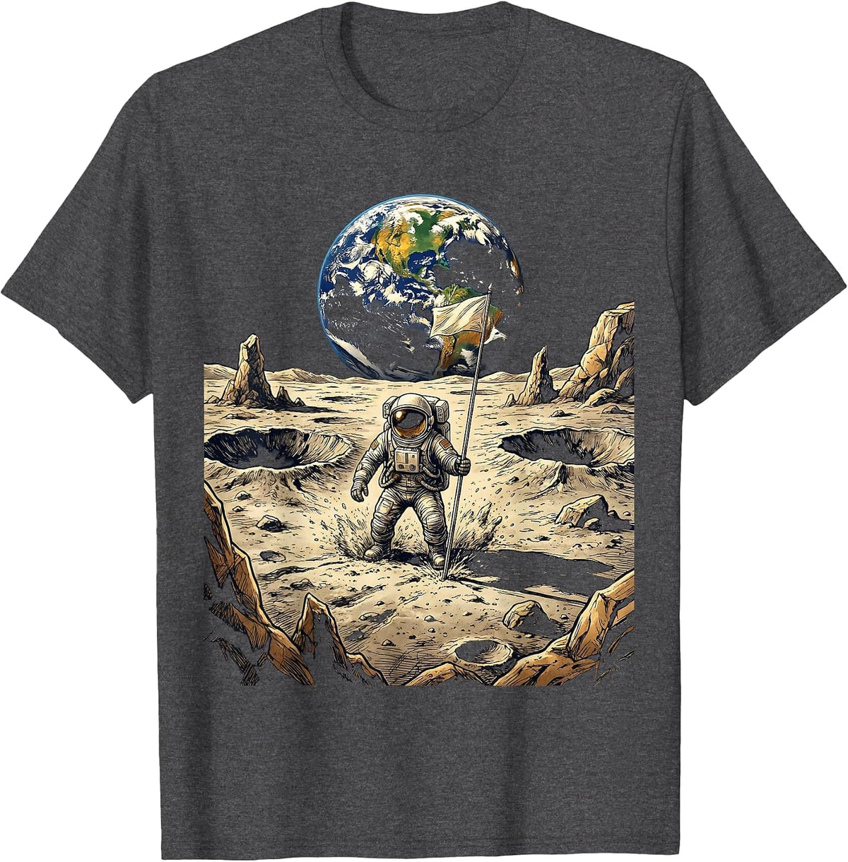 Astronaut Planting Flag on the Moon Illustration T-Shirt - Dark Heather Grey