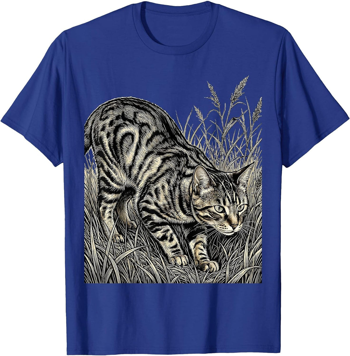 Men's Bengal Cat Stalking Through Tall Grass Illustration T-Shirt - Royal Blue