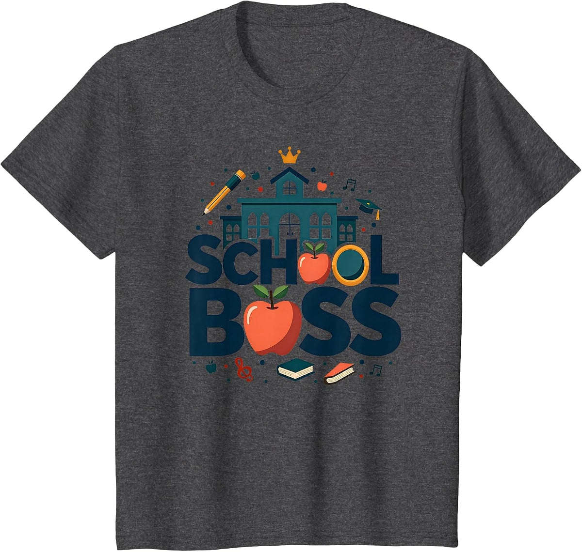 School Boss Principal Leadership Education Apple Crown T-Shirt - Dark Heather Grey