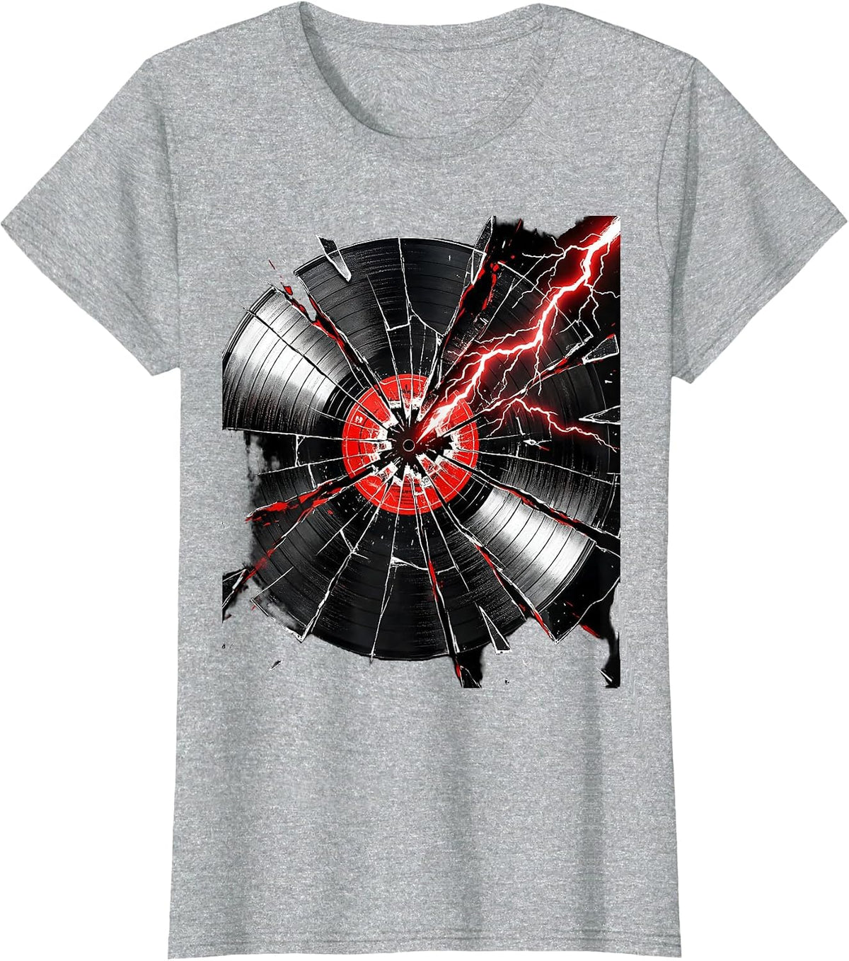 Cracked Vinyl Record Lightning Rock Graphic Tee T-Shirt - Heather Grey