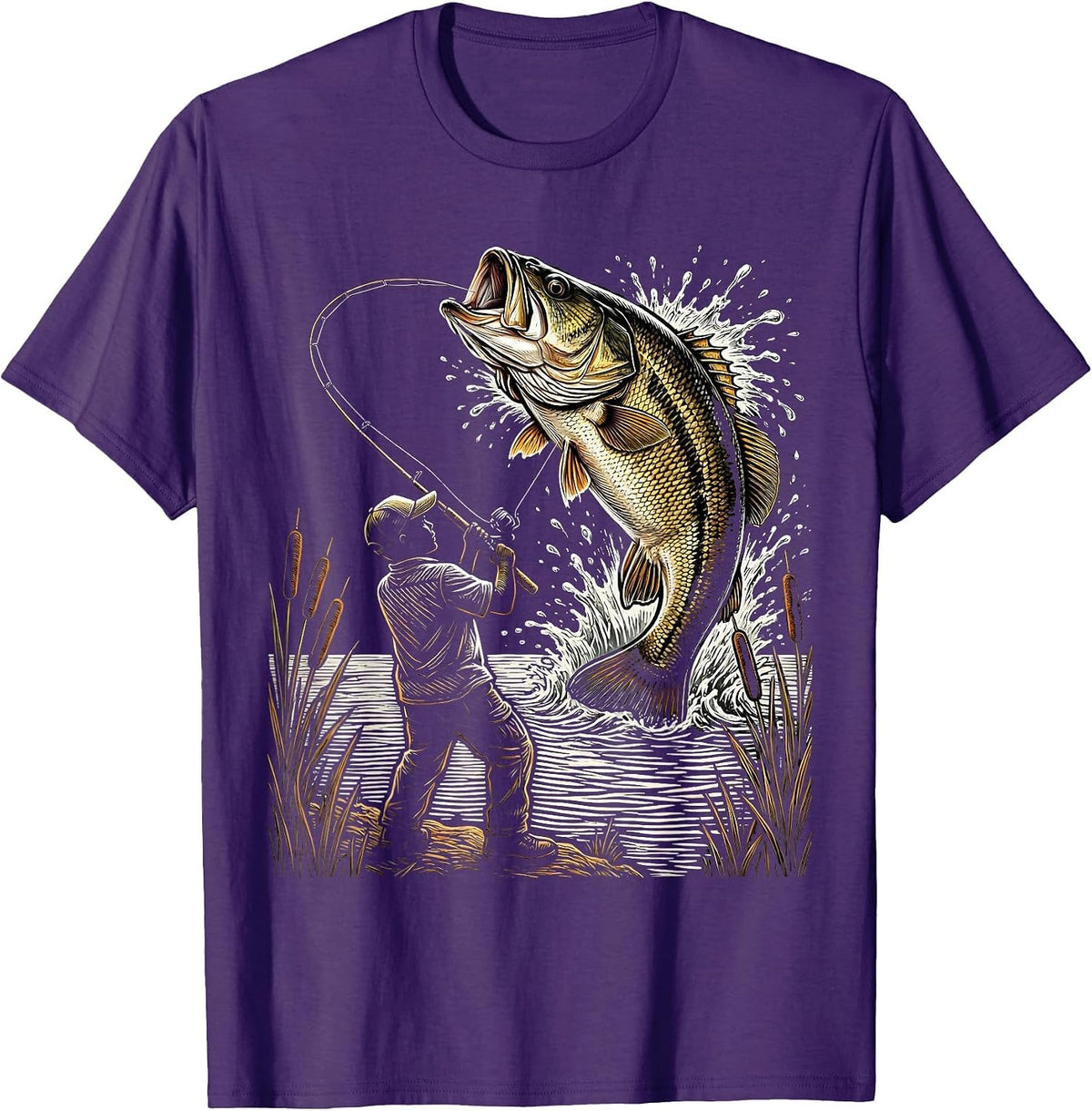Men's Kids Fishing Reeling In Giant Bass Graphic T-Shirt - Purple