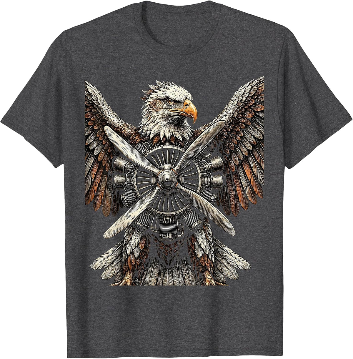 Mechanical Eagle Airplane Engine Illustration T-Shirt - Dark Heather Grey