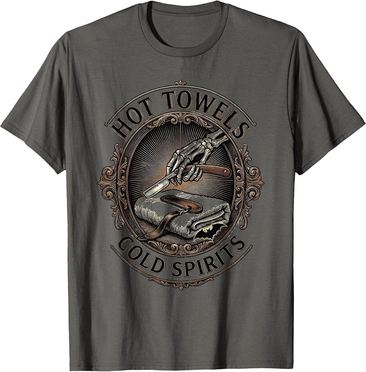 Hot Towels Cold Spirits Funny Skeleton Hairdresser Halloween T-Shirt - Asphalt Grey