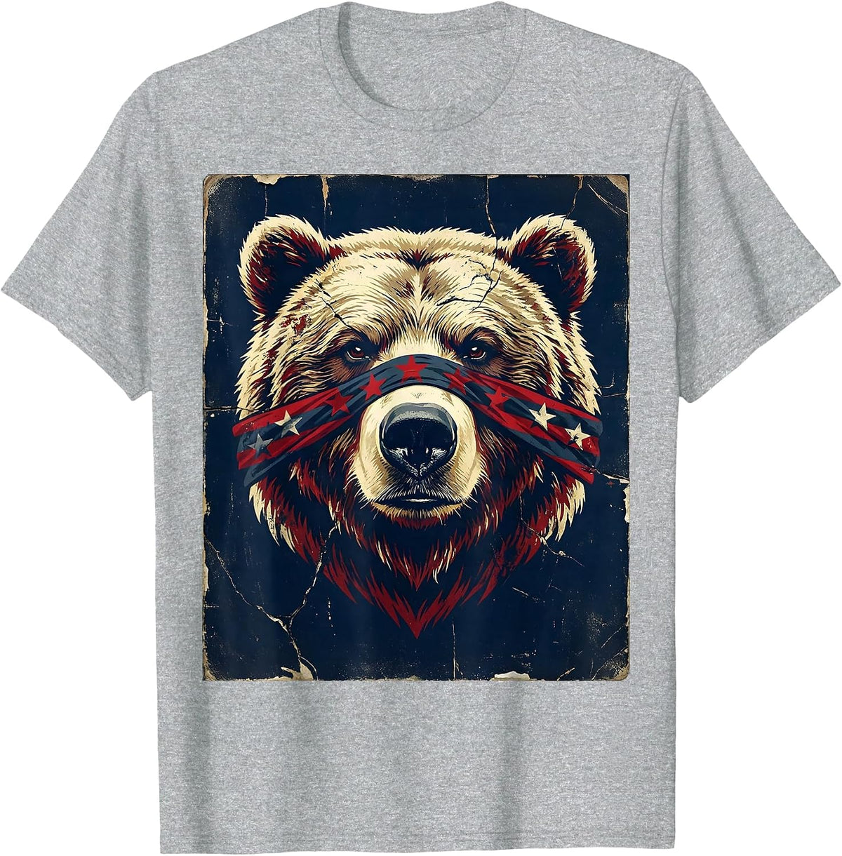 Men's Patriotic Bear Stars and Stripes Bandana Design T-Shirt - Heather Grey