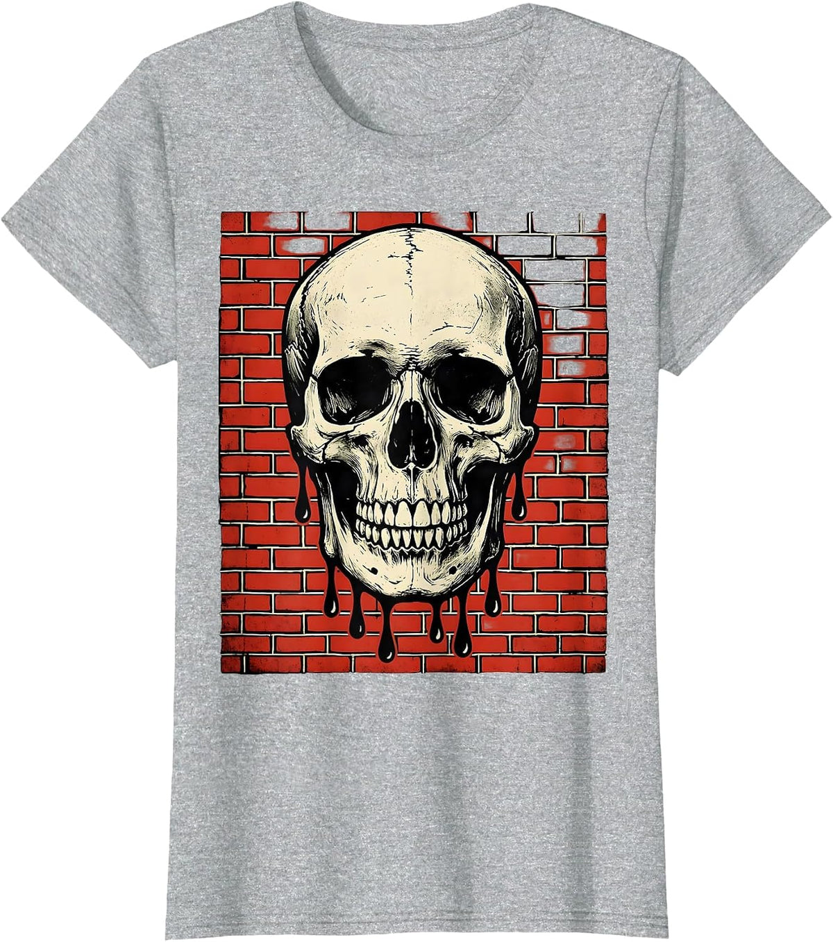 Women's Grunge Dripping Skull on Exposed Brick T-Shirt - Heather Grey