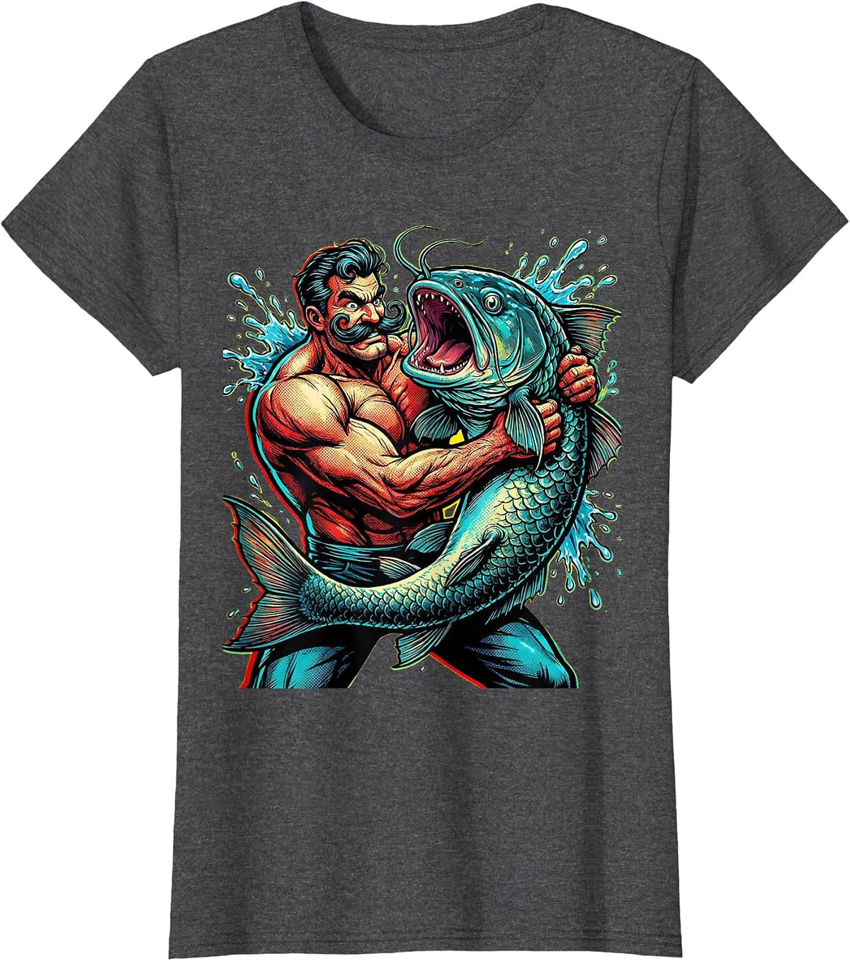 Women's Catfish Wrestling Mustached Fighter Novelty Graphic T-Shirt - Dark Heather Grey