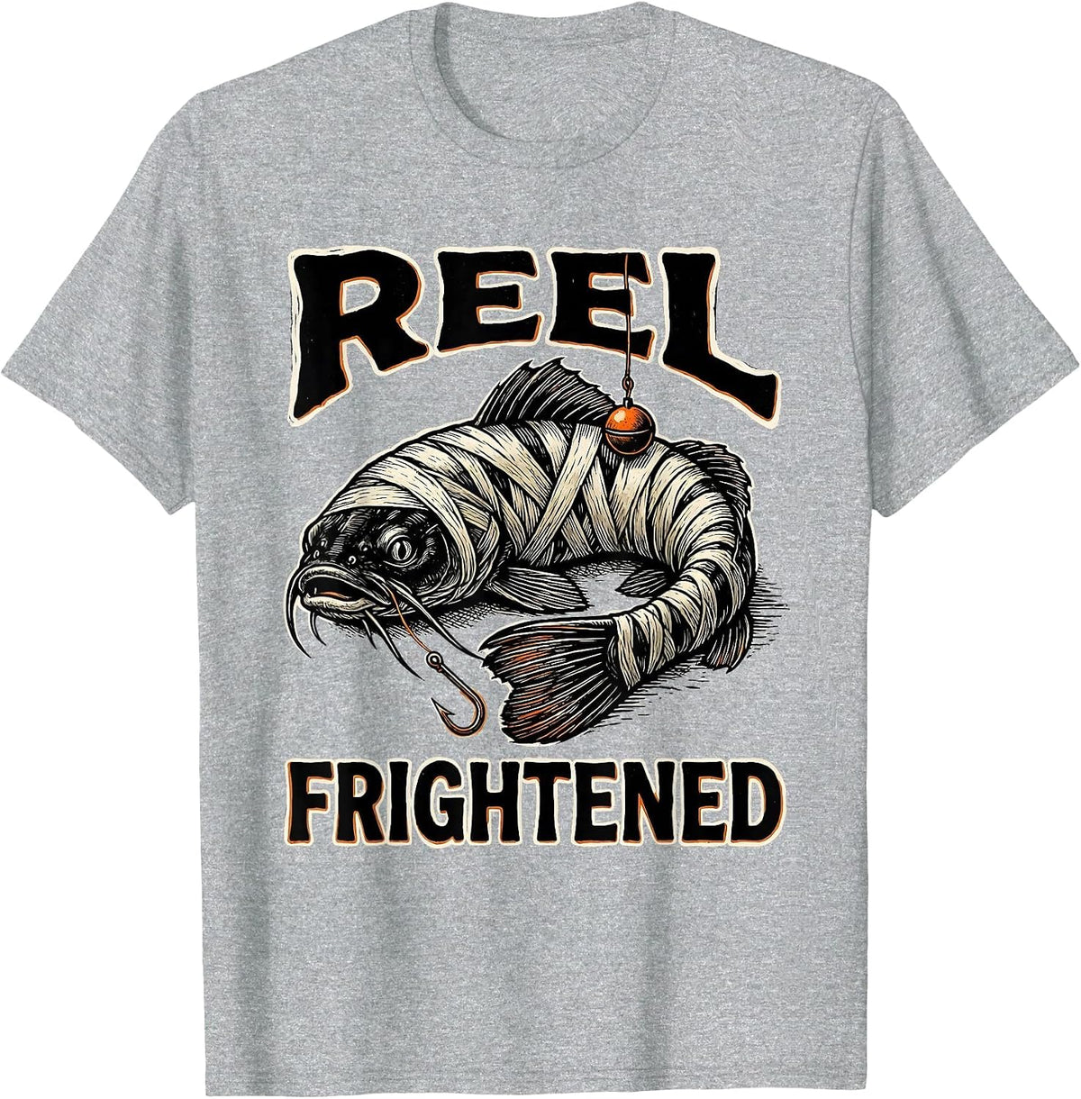Men's Reel Frightened Linocut Halloween Skeleton Fishing Humor T-Shirt - Heather Grey